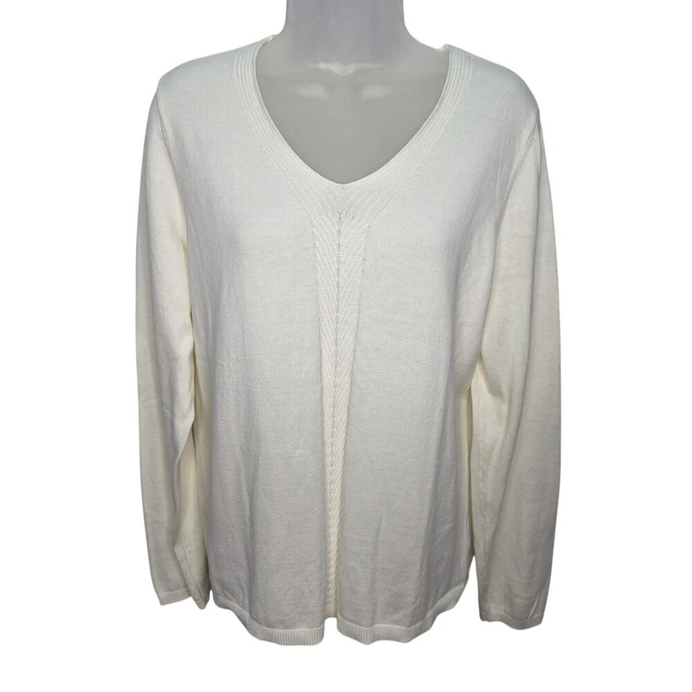 Talbots Women's L Cream V Neck 100% Cotton Knit Sweater Long Sleeve